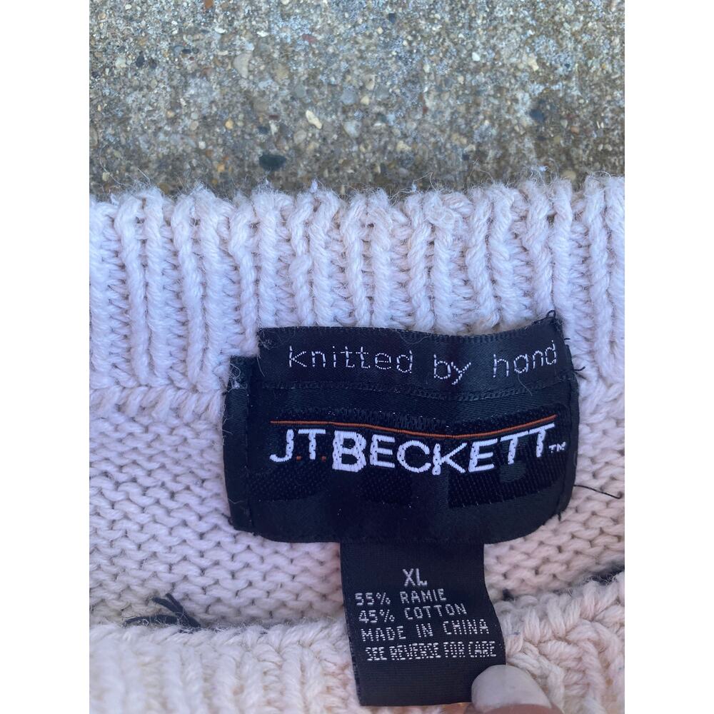 Vtg Jt Beckett women XL White Knitted by hand pullover sweater diamond pattern - Picture 3 of 4